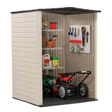 Rubbermaid Medium Vertical Resin Outdoor Storage Shed With Floor (4.3 x 4.6 Ft), Weather Resistant, Beige/Brown, Organization for Home/Backyard/Garden Tools/Lawn Mower/Bike Storage/Pool Supplies Rubbermaid