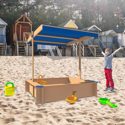 Kids Sandbox with Lid and Cover, Large Wooden Sandbox with Adjustable Canopy, Children Outdoor Playset, Sand Pit for Backyard Play, Beach