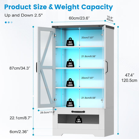 Semoic 47" Display Storage Cabinet with Adjustable Shelves，Pantry Storage Cabinet with LED Light， 4-Tier Curio Showcase with Drawer for Toys, Books, Collection, White Semoic