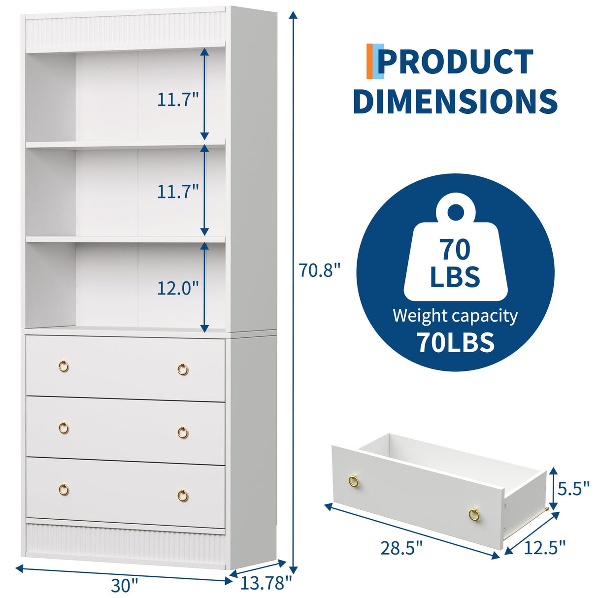 GarveeHome Bookshelf with Drawers 70.8" Fluted Bookcase, White Bookshelf 6 Tier Bookcase with Storage, Tall Book Shelf with Waved Design, Storage Cabinet with Open Shelf for Living Room Office GarveeHome