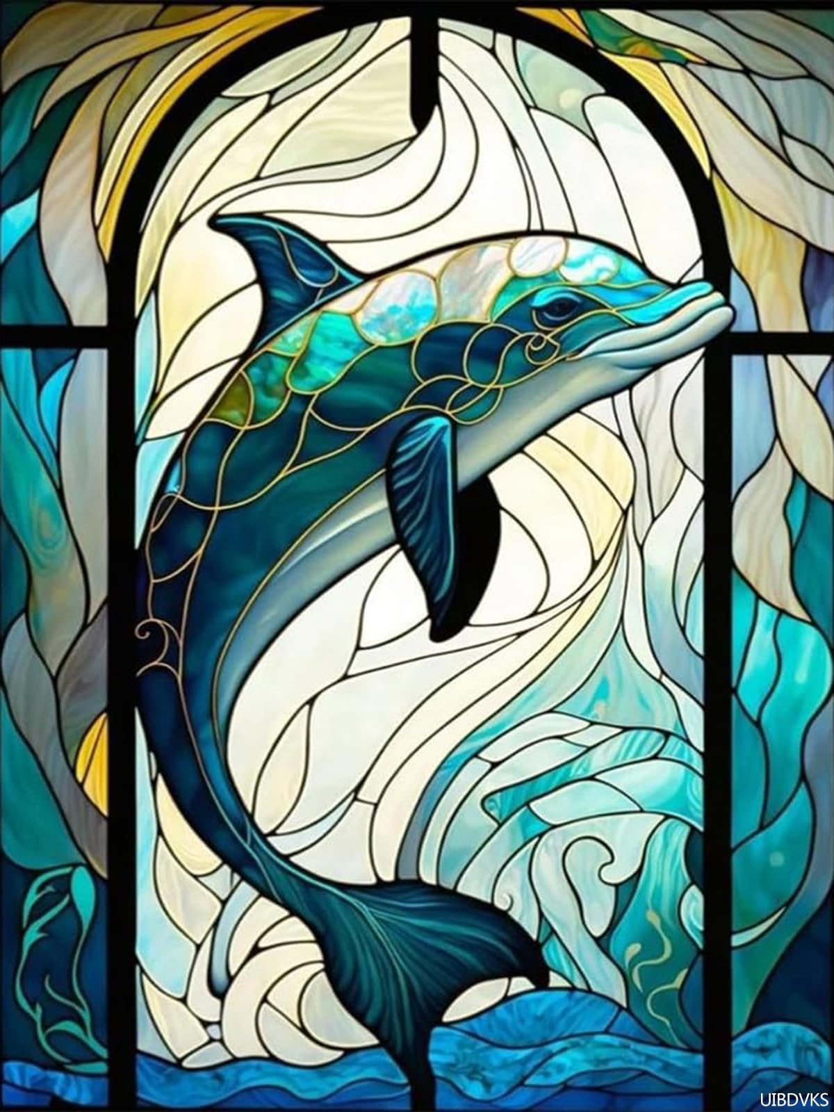 UIBDVKS Dolphin Stained Glass Diamond Painting Art Kits 5D Diamond Painting Dolphin DIY Round Full Drill Dots Diamond Gifts for Home Office Wall Decoration 12x16 inch / 30x40 cm UIBDVKS