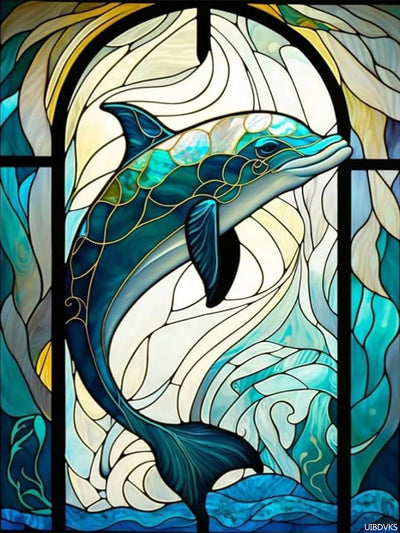 UIBDVKS Dolphin Stained Glass Diamond Painting Art Kits 5D Diamond Painting Dolphin DIY Round Full Drill Dots Diamond Gifts for Home Office Wall Decoration 12x16 inch / 30x40 cm