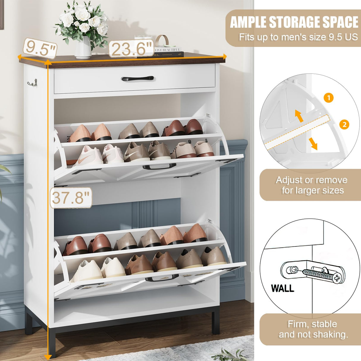 Shoe Cabinet Storage for Entryway Hidden Shoes Storage Cabinet Farmhouse Narrow Shoe Organizer Cabinet with 2 Flip Drawers, Free Standing Slim Shoe Cabinet for Door Entry, Foyer, Hallway, White Jocoevol