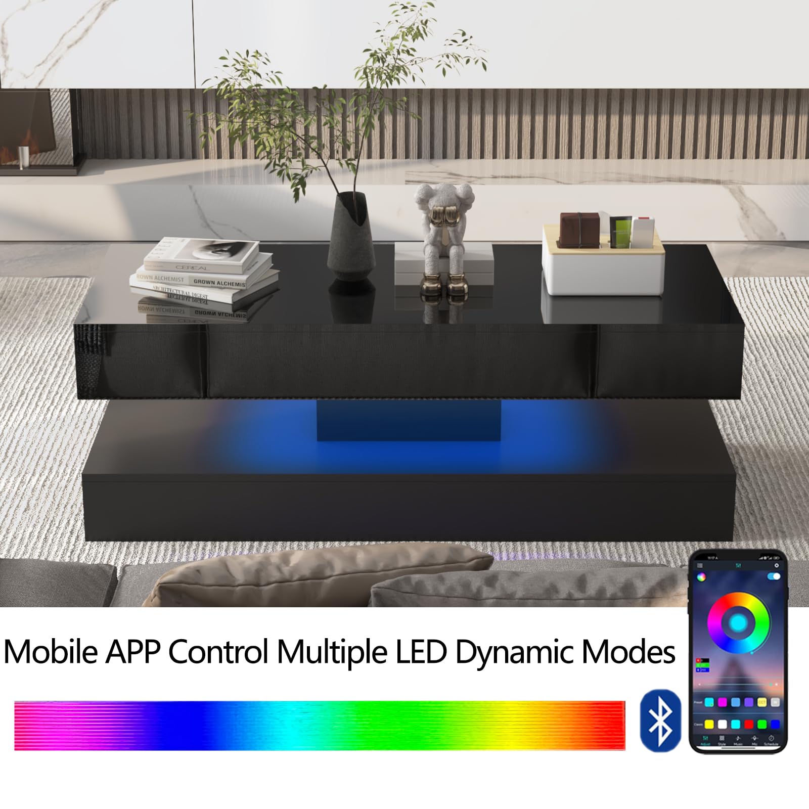 Uspeedy 47.3IN High Glossy LED Coffee Table,Modern Coffee Table for Living Room,Living Room Tables,Large Living Room Furniture,APP LED Lights,Black/White Coffee Table for Living Room (Black) - WoodArtSupply