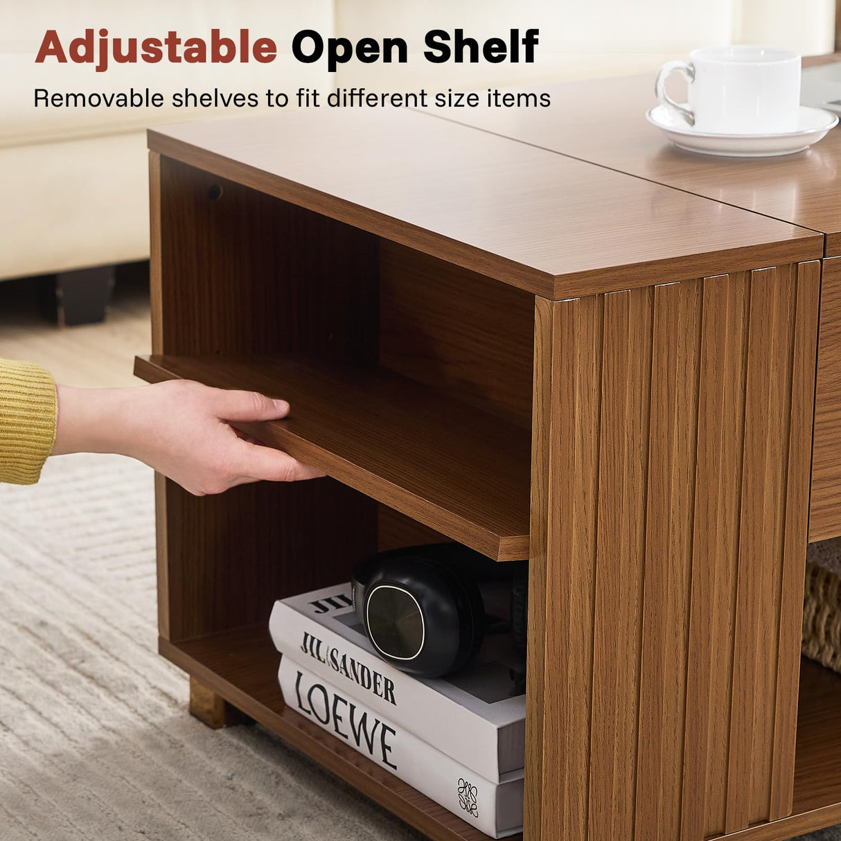 Redkey Lift Top Coffee Table -Fluted Wood Center Table with Hidden Compartment and Storage Shelf- Lift Tabletop for Home Living Room Office - Walnut Redkey