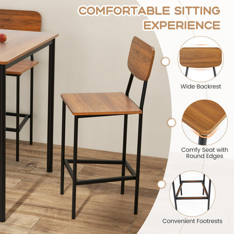 Giantex 5-Piece Dining Table Set W/Counter Height Table & 4 Bar Stools, Industrial Kitchen Dining Table Set W/Footrest & Backrest, Space-Saving Dinette Set for Pub, Dining Room, Restaurant (Walnut) Giantex