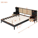 Queen Size Platform Bed Frame with 2 Nightstands, Wooden Queen Bed Frame with Lamps, Elegant Design, Rattan and Wood Combination, Black Harper & Bright Designs