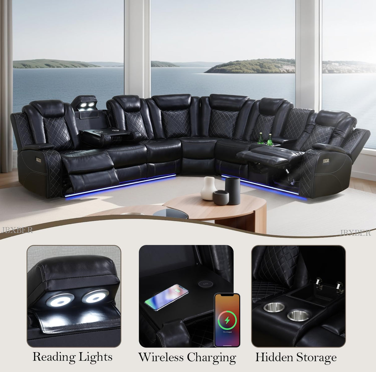 JBXBER Power Recliner Sectional Sofa Set, Black Leather Sectional Couch for Living Room, L Shape Reclining Sofa with Led Lights, Cup Holder, Pull-Down Table for Home/Office(6 Seat) JBXBER