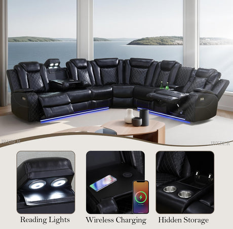 JBXBER Power Recliner Sectional Sofa Set, Black Leather Sectional Couch for Living Room, L Shape Reclining Sofa with Led Lights, Cup Holder, Pull-Down Table for Home/Office(6 Seat) JBXBER