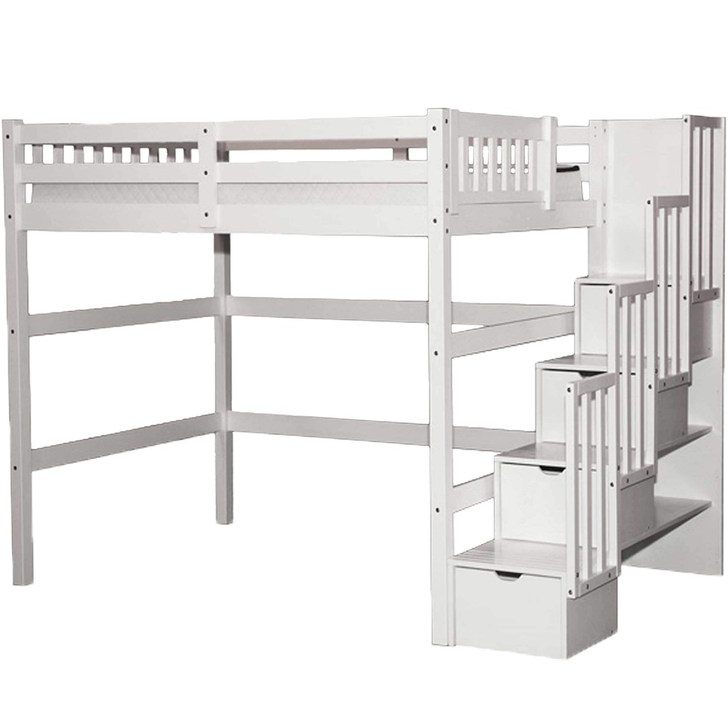 SCANICA Full Loft Bed with Unique Stairway and Storage in White Solid Wood - WoodArtSupply