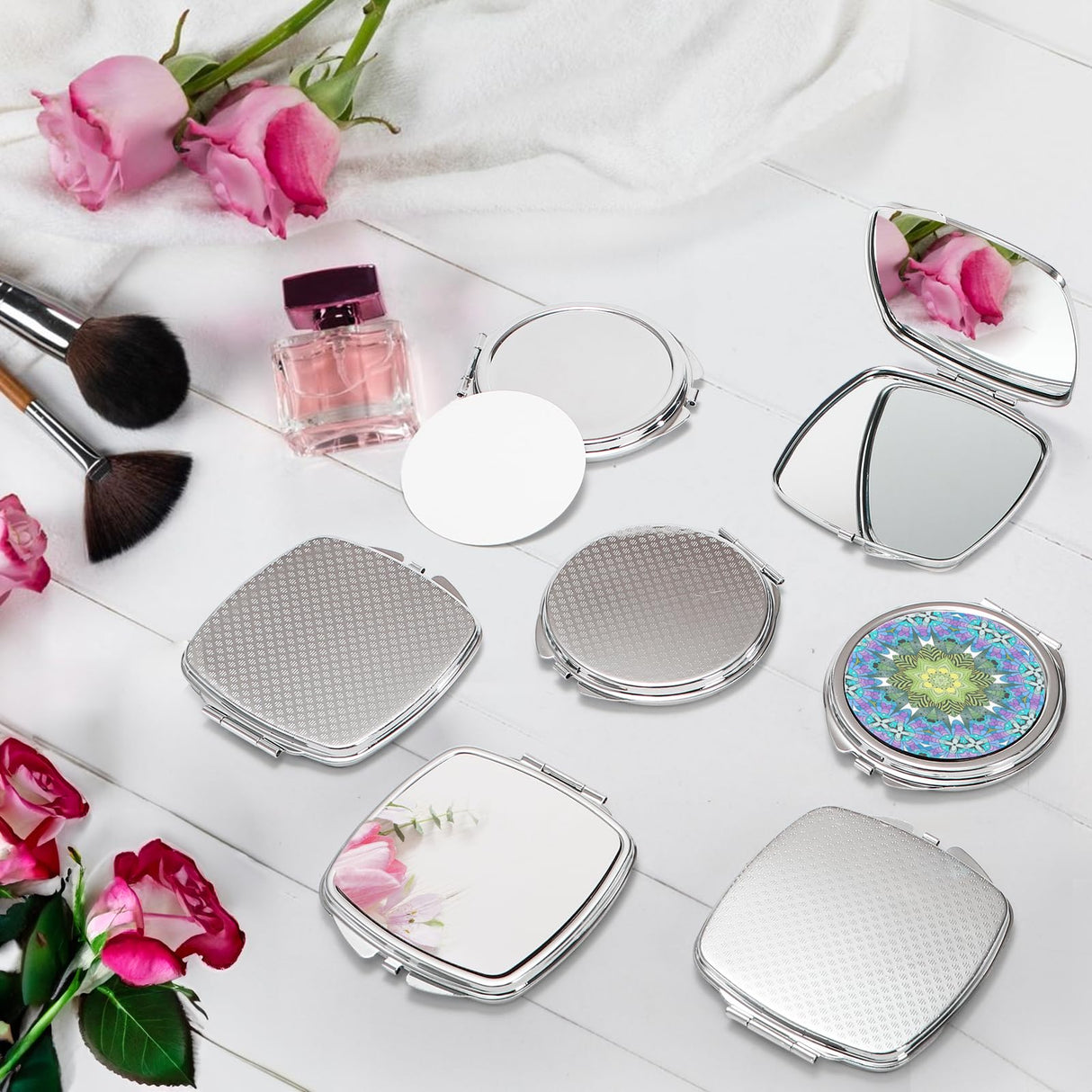 Acshio 8 Pack Sublimation Pocket Mirror, Mini Metal Folding Compact Makeup Mirror, Portable Double-Sided Magnifying Travel Cosmetic Mirror for Purse Women Gift Daily Use Acshio