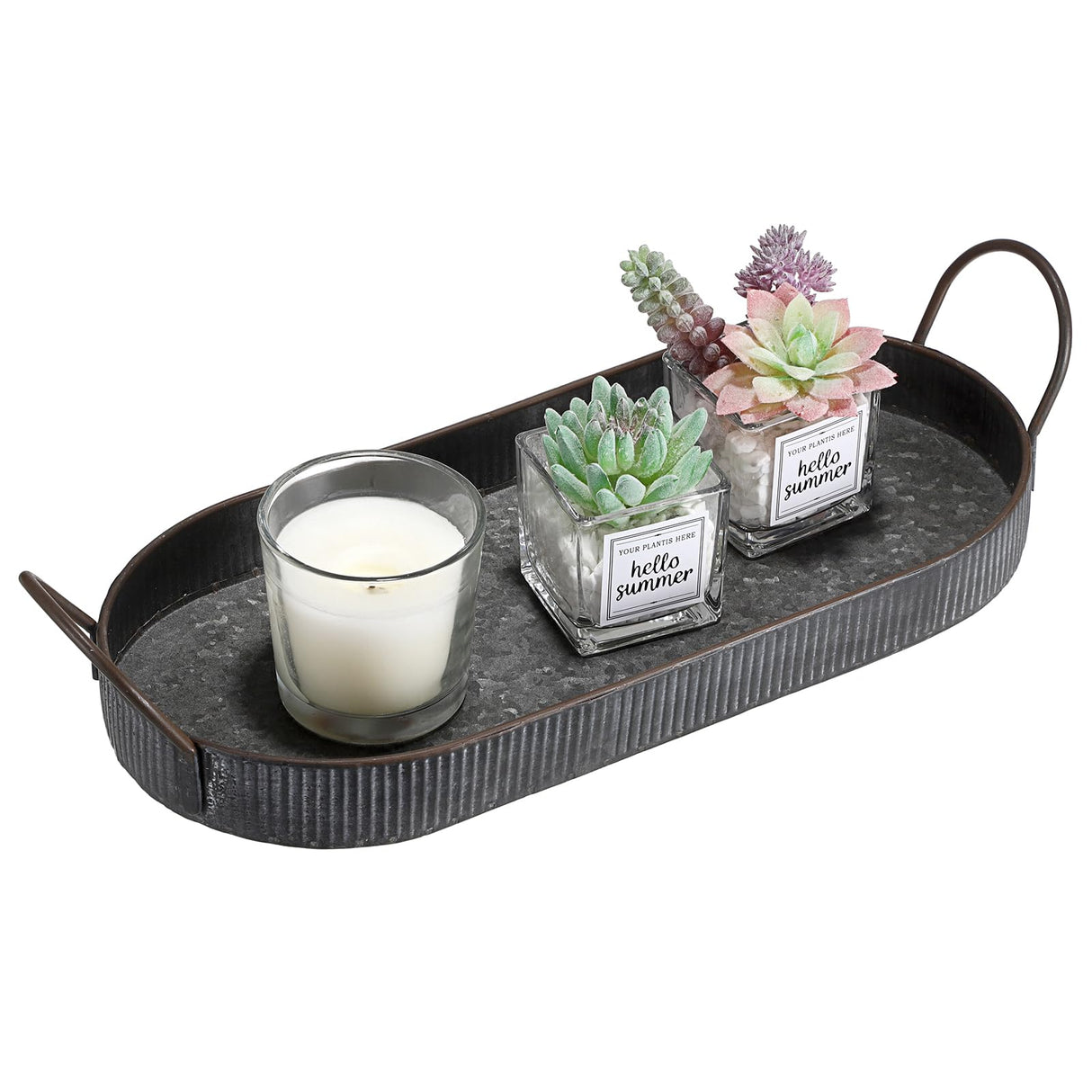 Hipiwe Oval Galvanized Metal Iron Tray with Handle, Industrial Style Storage Serving Tray Farmhouse Rustic Decorative Coffee Table Centerpiece for Home Decor Hipiwe