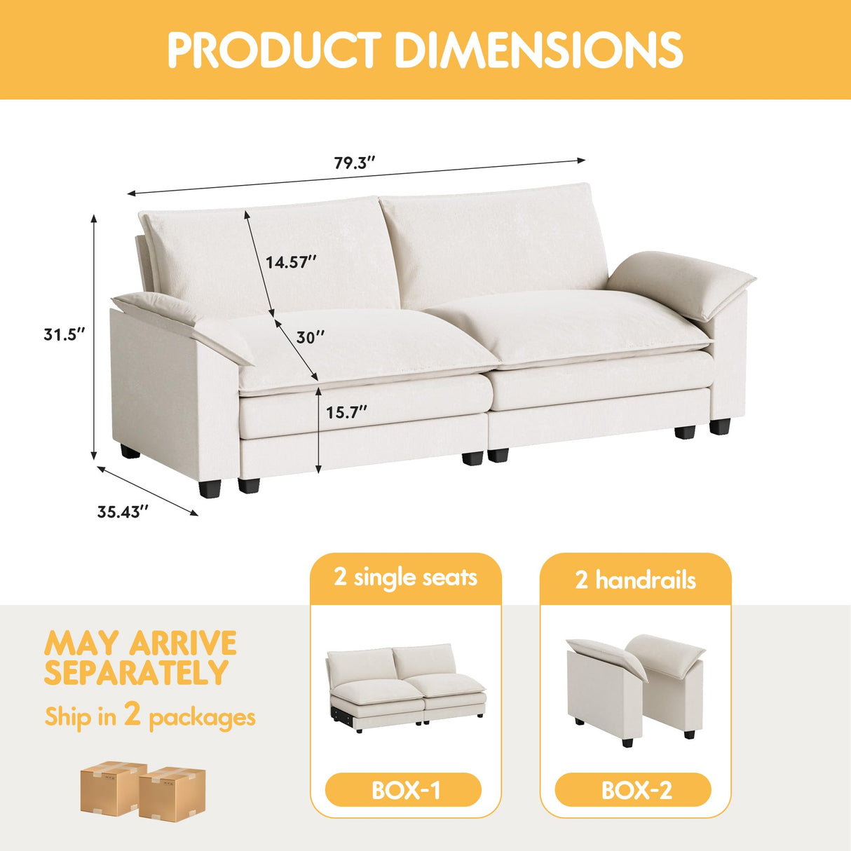 Homall 80" Modular Sectional Sofa, Loveseat Sofa Couch with Double-Layer Cushion, DIY Combination Chenille Deep 2-Seat Cloud Couch for Living Room, Apartment (White, Loveseat Sofa) Homall