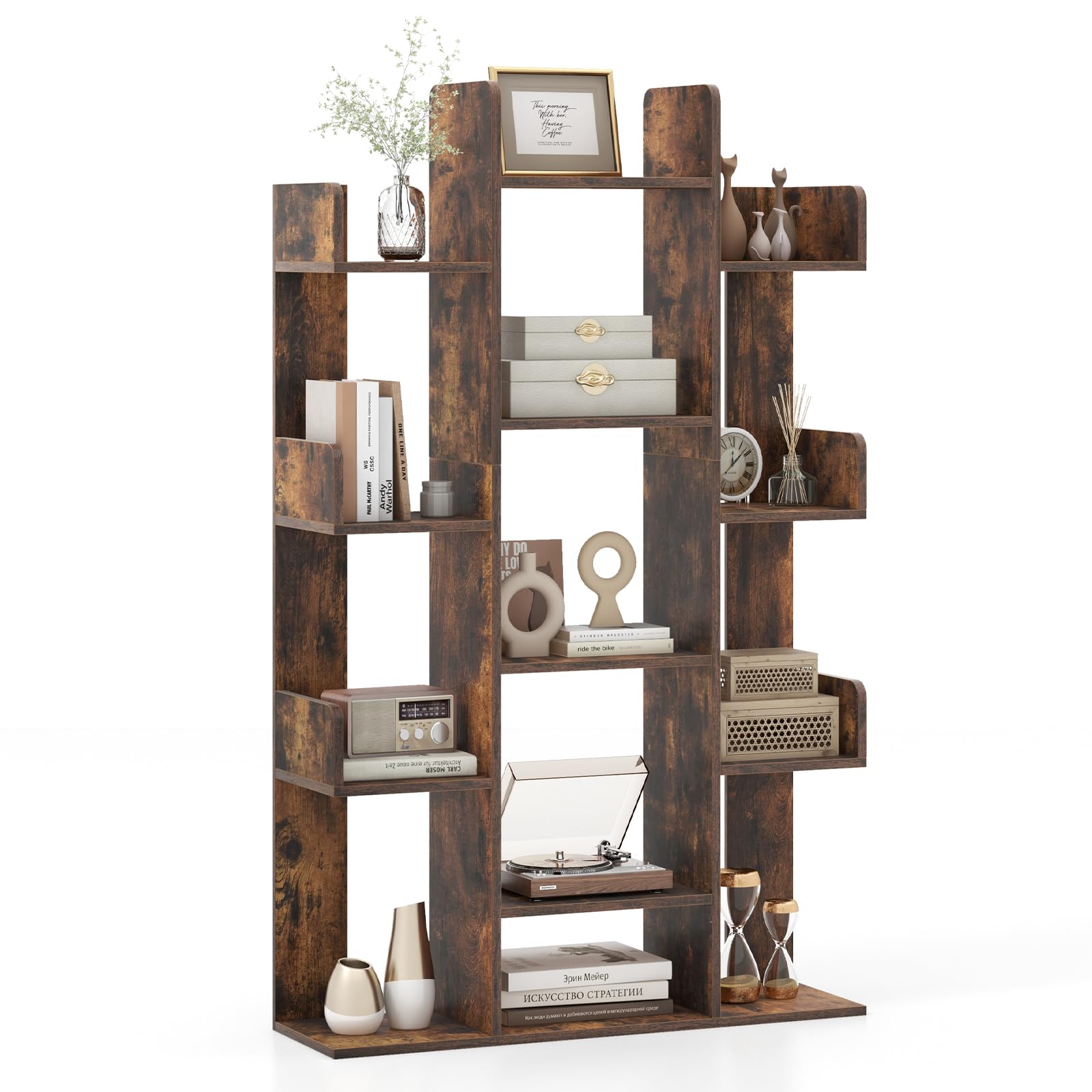 Giantex Rustic Brown 7-Cube Tree Bookshelf with 13 Open Shelves - Stylish Corner Storage Organizer for Living Room and Study - WoodArtSupply