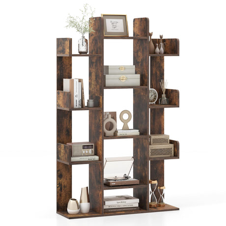 Giantex Rustic Brown 7-Cube Tree Bookshelf with 13 Open Shelves - Stylish Corner Storage Organizer for Living Room and Study Giantex