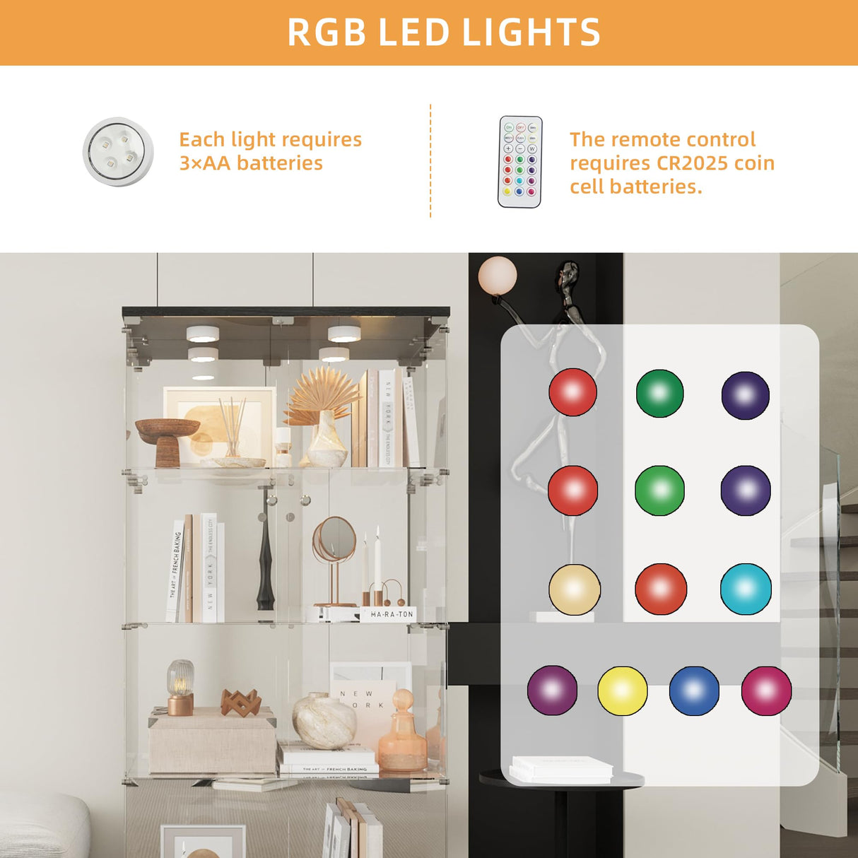 LFT HUIMEI2Y Glass Display Cabinet 4-Shelf with Light,Mirror and Lock, 2 Door Curio Cabinets, 5mm Tempered Glass Floor Standing Bookshelf for Bedroom, Living Room, Black LFT HUIMEI2Y