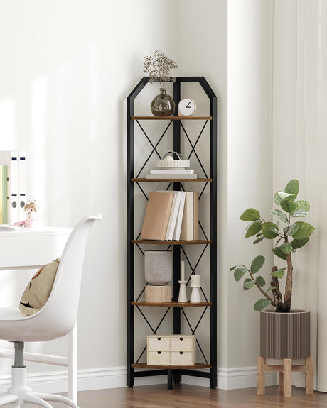 CHOEZON 59.4" Corner Shelf, 5-Tier Industrial Corner Bookshelf, Corner Storage Stand, Plant Stand Display Shelf, Corner Bookcase for Bedroom, Living Room, Home Office, Rustic Brown and Black TCJ10BF CHOEZON