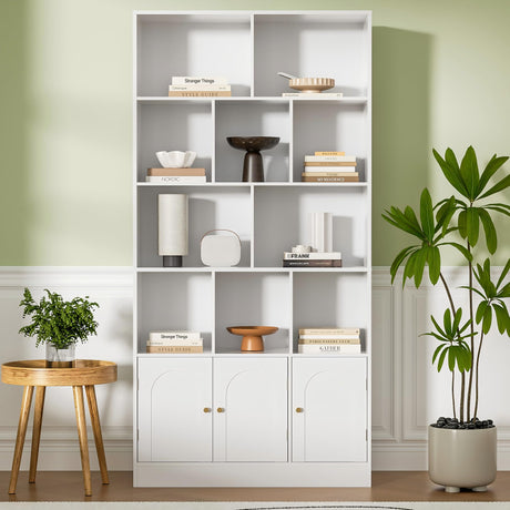 Housoul 71" Tall Bookshelf with 10 Cubes and 3 Doors, 4-Tier Bookshelf, Open Shelf Bookcase with Cabinet, Modern Cube Storage Organizer for Living Room, and Office, White Housoul