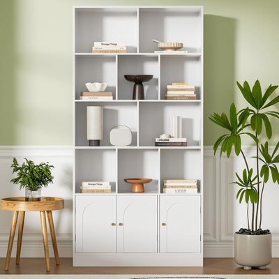 Housoul 71" Tall Bookshelf with 10 Cubes and 3 Doors, 4-Tier Bookshelf, Open Shelf Bookcase with Cabinet, Modern Cube Storage Organizer for Living Room, and Office, White