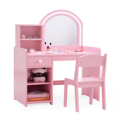 BXKX Kids Vanity with Lights, Princess Vanity Set with Drawer and Storage Shelves, 2 in 1 Toddler Makeup Vanity with Lighted Mirror, Girls Vanity Set with Stool for Little Girls (Pink)