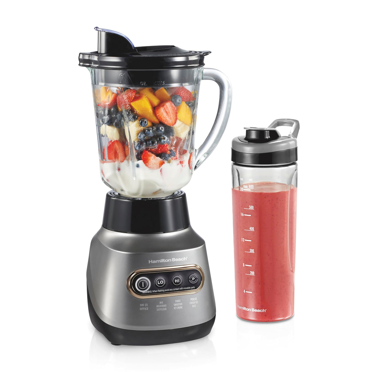 Hamilton Beach Wave Action Blender for Shakes and Smoothies, Stainless Steel Ice Sabre Blades, 40oz Glass Jar, 20oz Blend-In Portable Travel Jar, 800 Watts, Quiet Design, Gray (58181) Hamilton Beach