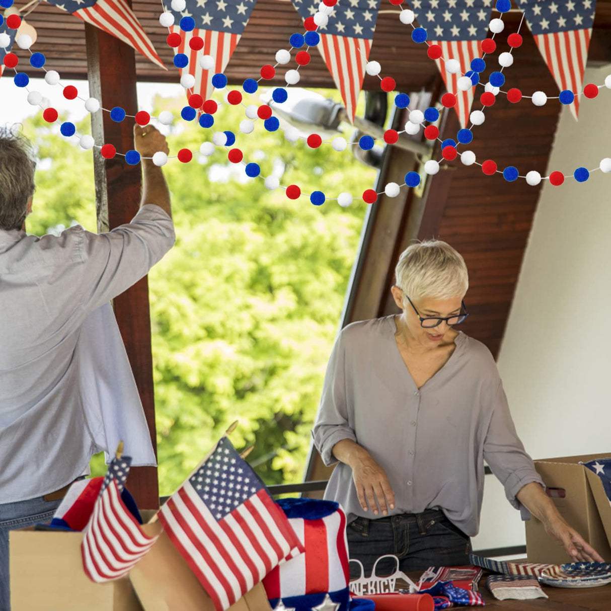 Jishi Pom Pom Garland 4th of July Decorations, Patriotic Red White Blue Felt Ball Garland, 3-Pack 6.6ft Long 24 Cute Pompom Balls String, Christmas Tree Decor Ornaments for Home Birthday Holiday Party Jishi