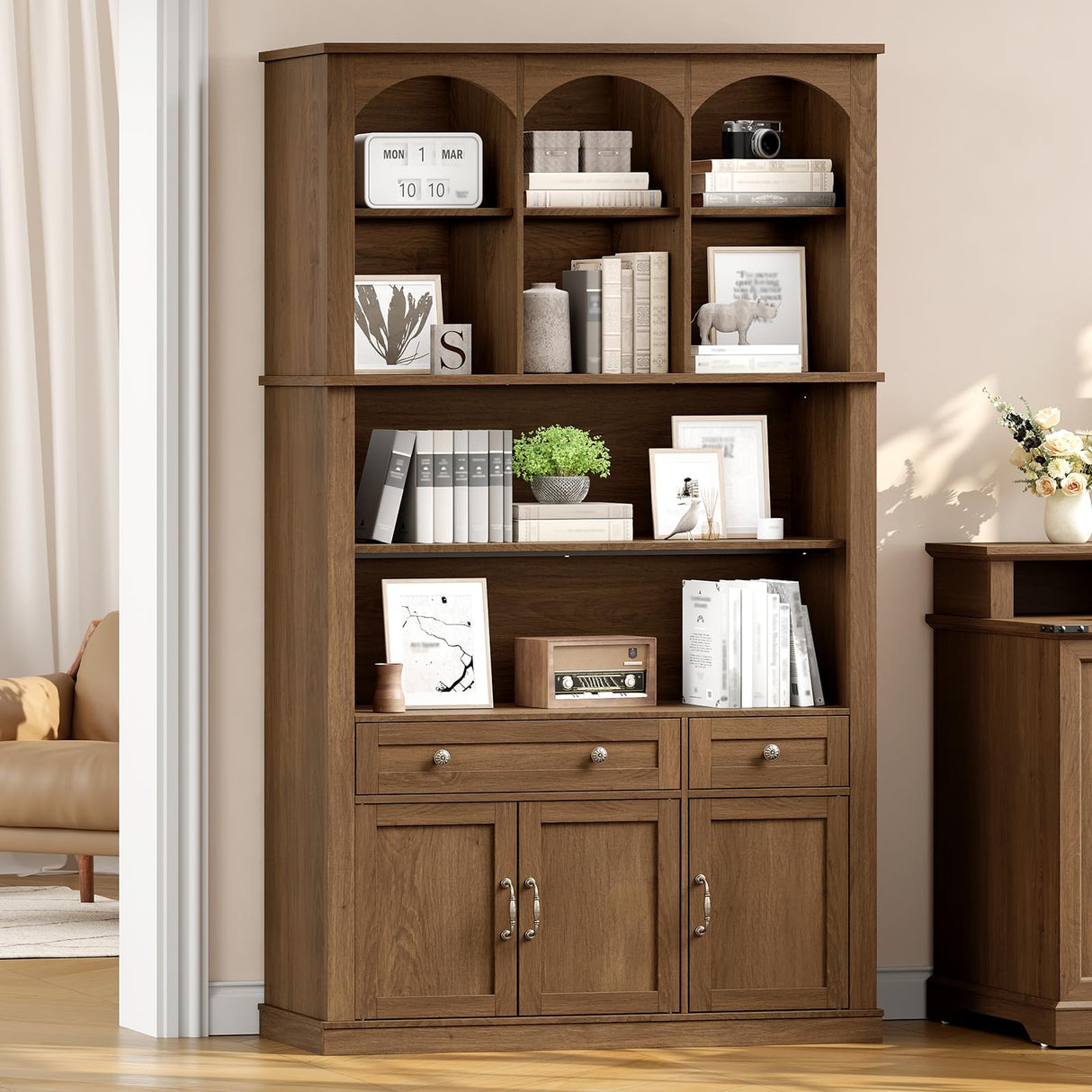 RALGEND 73.2" Tall Farmhouse Arched Bookshelf with Drawer and Door, 6 Tier Mid Century Modern Book Shelf and Bookcase with Storage, Floor Standing Display Cabinet for Living Room, Home Office, Walnut RALGEND