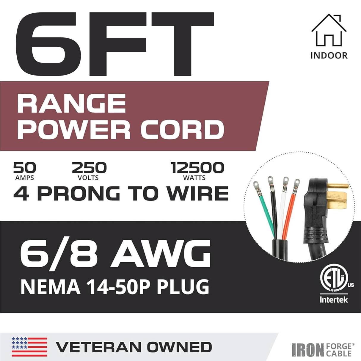 Iron Forge Cable 4 Prong Range Power Cable 6 ft - 50 Amp RV Extension Cord - Heavy Duty 6/8 AWG Cable - NEMA 14-50P Extension Plug - 4 Wire Dryer Replacement Cord - Black - Great for EV Charger IRON FORGE CABLE
