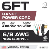 Iron Forge Cable 4 Prong Range Power Cable 6 ft - 50 Amp RV Extension Cord - Heavy Duty 6/8 AWG Cable - NEMA 14-50P Extension Plug - 4 Wire Dryer Replacement Cord - Black - Great for EV Charger IRON FORGE CABLE