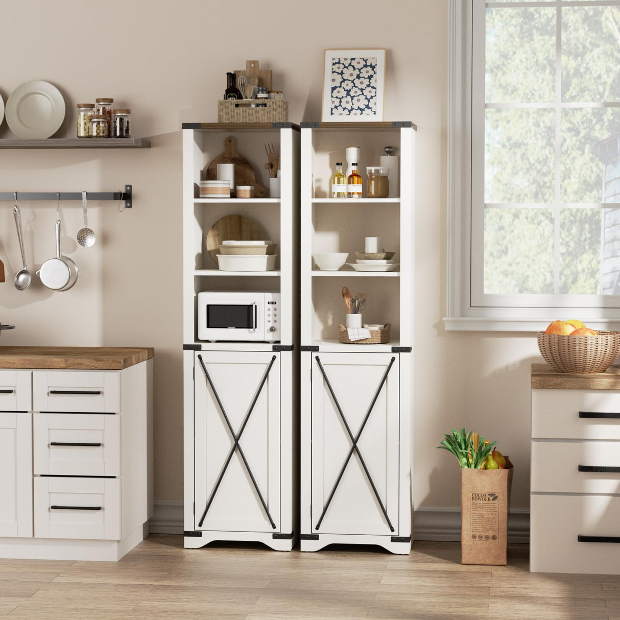 Vabches 5 Tier Bookcase with Doors Set of 2, 67” Tall Farmhouse Bookshelf with Storage Cabinet, Adjustable Shelves & Barn Door, Narrow Wooden Book Shelf for Living Room, Office, Antique White Vabches