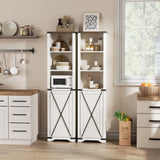 Vabches 5 Tier Bookcase with Doors Set of 2, 67” Tall Farmhouse Bookshelf with Storage Cabinet, Adjustable Shelves & Barn Door, Narrow Wooden Book Shelf for Living Room, Office, Antique White Vabches