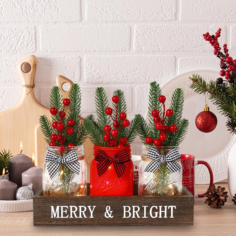 DIYDEC 3PCS Christmas Mason Jars 3*5Inch lighting Painted Xmas Tiered Tray Decorative Jars with Wood Tray &Artificial Flowers Wishing Bottles for Winter Holiday Home Table Centerpiece Decor Gift (Red) DIYDEC