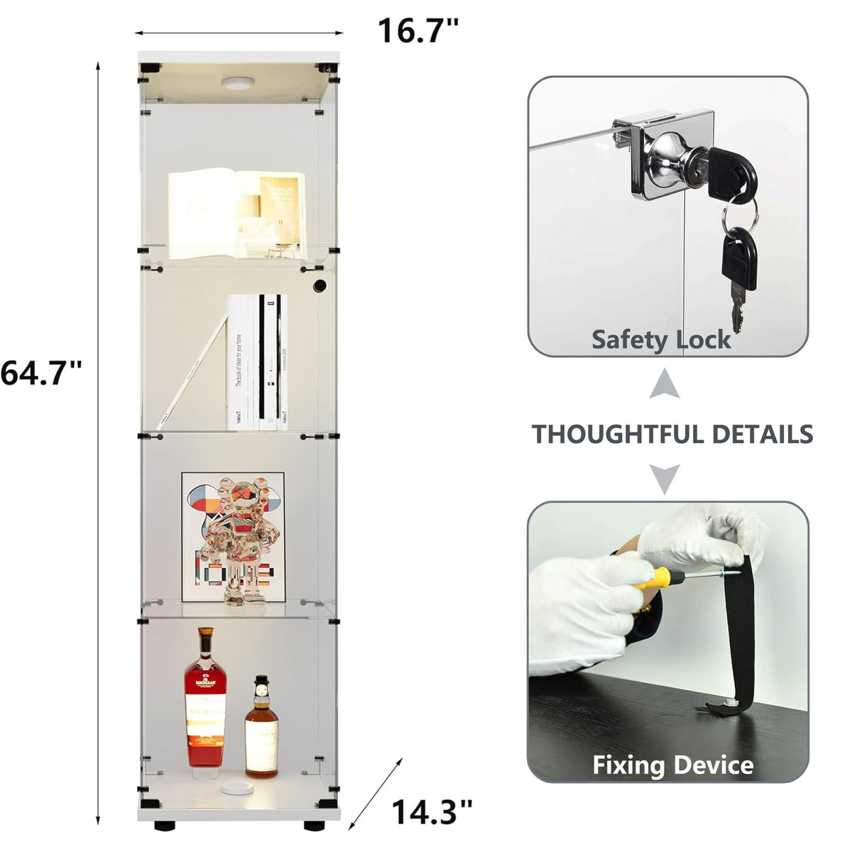 Fulocseny 4-Shelf Glass Display Cabinet White Display Case with LED Light and Glass Door Modern Curio Collection Cabinet, Floor Standing Bookshelf for Living Room Office（White 64.7"x16.7"x14.3"） Fulocseny