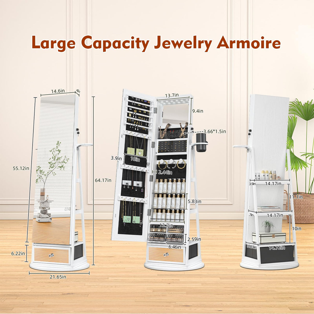 TJYGO 360° Swivel Jewelry Cabinet with Mirror, 6 LED Lights, Rotatable Full Length Mirror with Jewelry Storage Shelf, Standing Jewelry Armoire Organizer, Foldable Makeup Shelf TJYGO