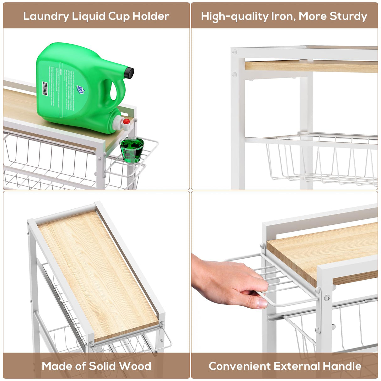 PAPAGIFTREE 4 Tier Slim Rolling Storage Cart with Pull-Out Baskets, Narrow Sliding Storage Slim Laundry Cart Slim Rolling Kitchen Cart PAPAGIFTREE