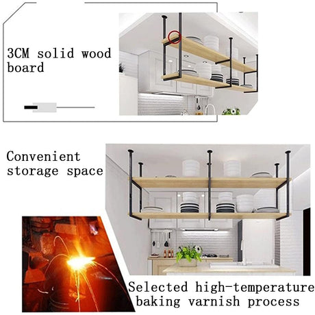 Hanging Wine Rack - Ceiling Floating Shelf, 2-Tier Wine Bottle Rack, Iron Solid Wood Hanging Bookcase Storage Rack Display Stand, Bar Bedroom Kitchen Wall Mounted Plant Stand/Wall Decor ( Color : Blac PAUANI
