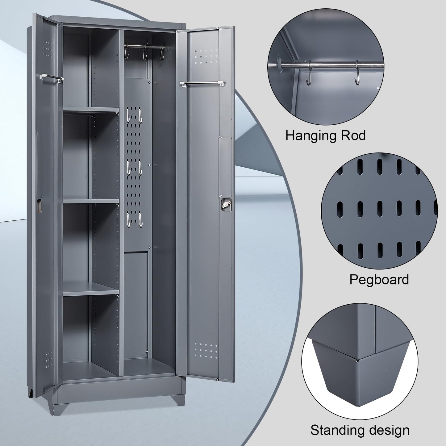 STEELIST Metal Storage Cabinet with Locking Doors, Steel Broom Storage Cabinet with Hanging Rod, 65" Cleaning Storage Cabinet with 4 Shelves, Broom Tool Storage Cabinet for Office, Garage - WoodArtSupply