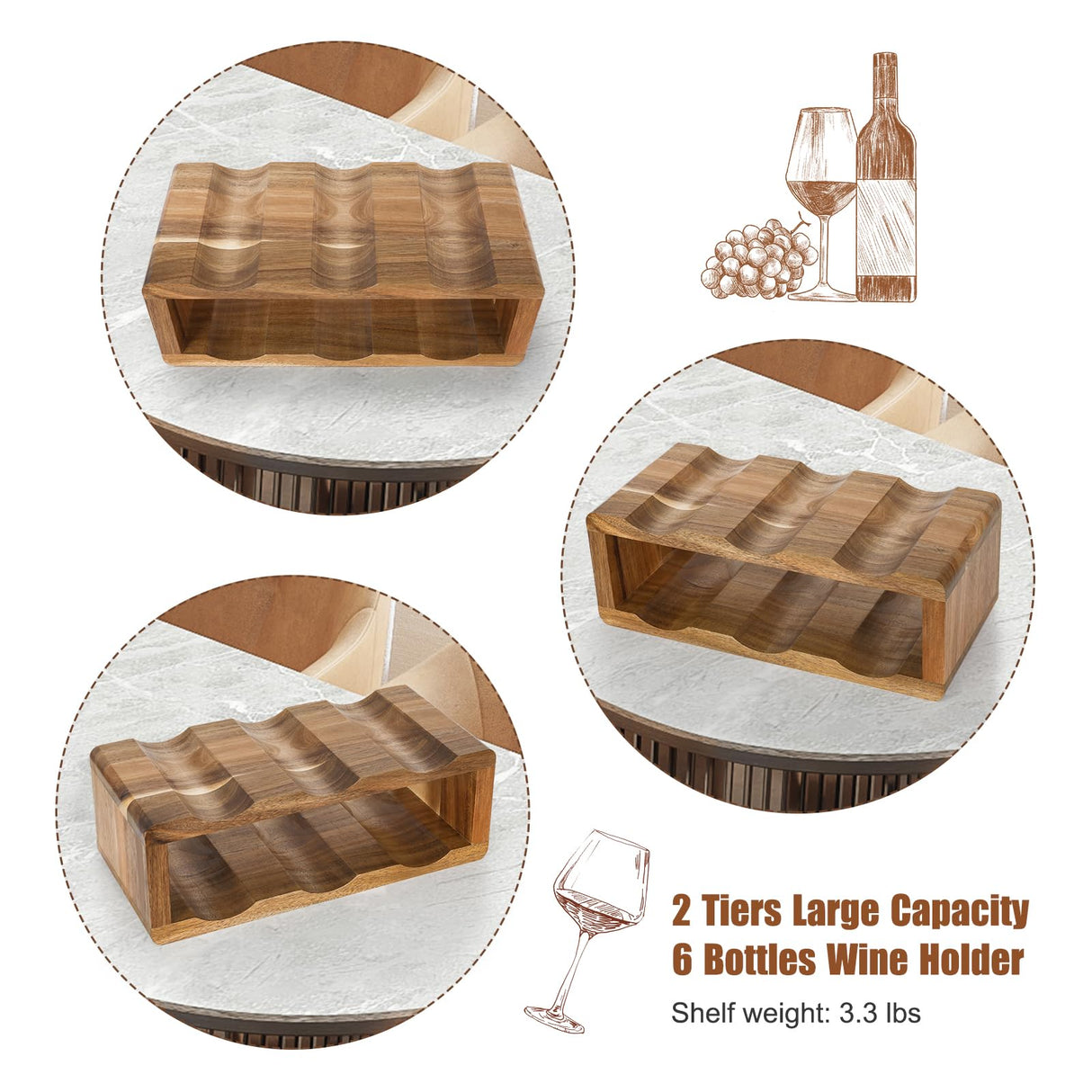 Jotboom Acacia Wine Racks Countertop,Wooden 6 Bottle Wine Rack,Wine Bottle Holder for Inside Cabinet,Small Tabletop Wine Holder Stand for Home Décor,Bar,Party Jotboom
