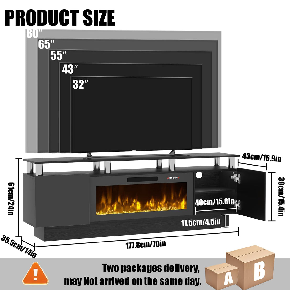 PRETZI 70" Modern Fireplace TV Stand with 36" Electric Fireplace for TVs Up to 80 inch, Luxury LED Light Entertainment Center with High Gloss Cabinet, TV Consoles for Living Room, Black PRETZI