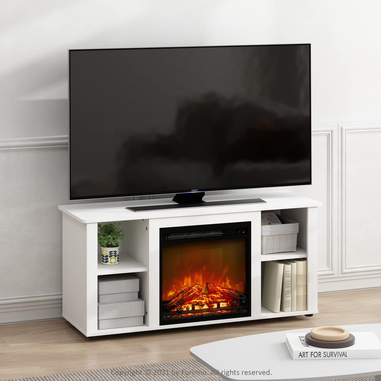 Furinno Jensen Entertainment Center Stand with Fireplace for TV up to 55 Inch, Corded Electric, White Furinno