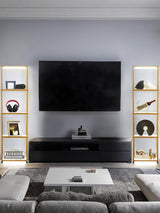 MANBUR Display Shelf with Dimmable LED Floor Lamp, Display Cabinet with Glass Bookcase, Home Decor, Bedroom Decor, Bookshelf with Light, Open Book Shelf with 5-Tier Shelf for Living Room Decor Gold MANBUR