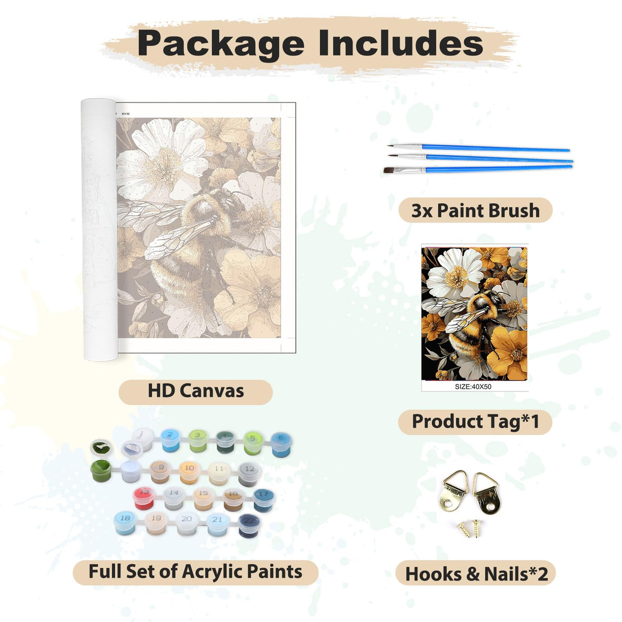 EOBROMD Paint by Numbers Kits for Adults Bee Flowers, DIY Kits Crafts for Beginner on Canvas, 3 Paint Brushes and Acrylic Paint for Home Decor 16x20inch(Without Frame) EOBROMD