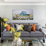 Anolyfi Blue Barn Picture Farmhouse Canvas Wall Art Highland Cow and White Flowers Landscape Textured Painting Large Scenery Artwork Framed for Living Room Bedroom Bathroom Office Home Decor 40"x20" Anolyfi