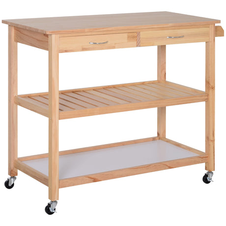 HOMCOM 42" Kitchen Trolley Cart Rolling Island, Wooden Utility Serving Cart with 2 Drawers and 3-Tier Shelf, Natural HOMCOM