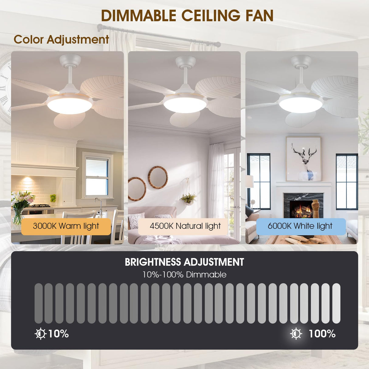 Wiviniya Ceiling Fans with Lights and Remote/APP Control, 48 Inch Tropical Ceiling Fan for Bedroom Living Room, Outdoor Palm Leaf Ceiling Fan for Patios Porch, Dimmable, 6 Speeds, Reversible, White Wiviniya