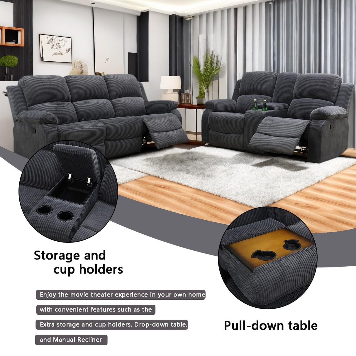A Ainehome Living Room Furniture Set Grey Corduroy Recliner Sofa Set Loveseat Chair Furniture Sofa Set for Living Room/Rv/House/Office/Theater Seating (A-Dark Grey Corduroy, Sofa+Loveseat) A Ainehome