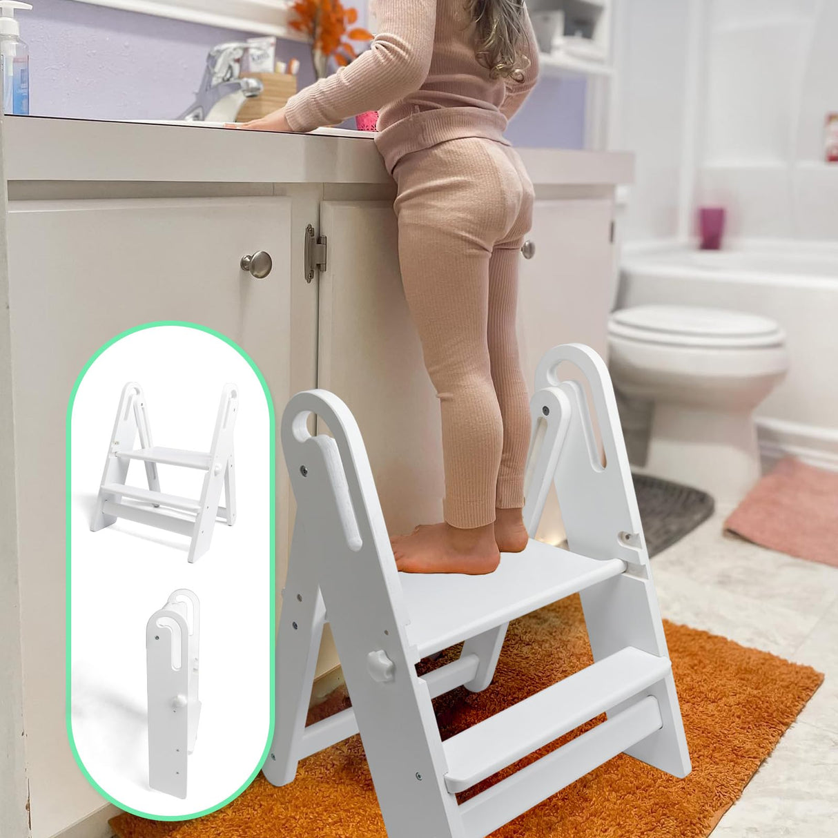 WOOD CITY Toddler Step Stool Foldable for Bathroom Sink, Adjustable 2 Step Stool Toilet Potty Training Stool with Handles,Child Kitchen Counter Stool Helper, Montessori Kitchen Stools (White) WOOD CITY
