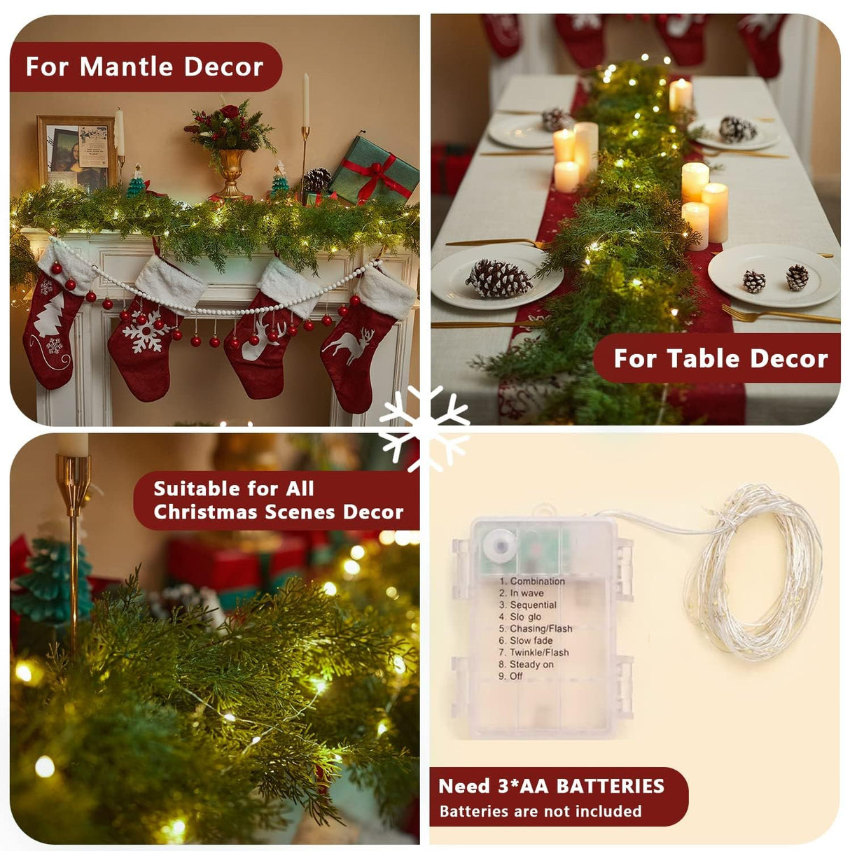 6FT Christmas Garland PARTY JOY Cedar Garland with 9.8FT LED Lights String, Greenery Plant for Christmas Decorations Table Mantle Background Wall Room Outdoor Indoor Winter Decoration PARTY JOY