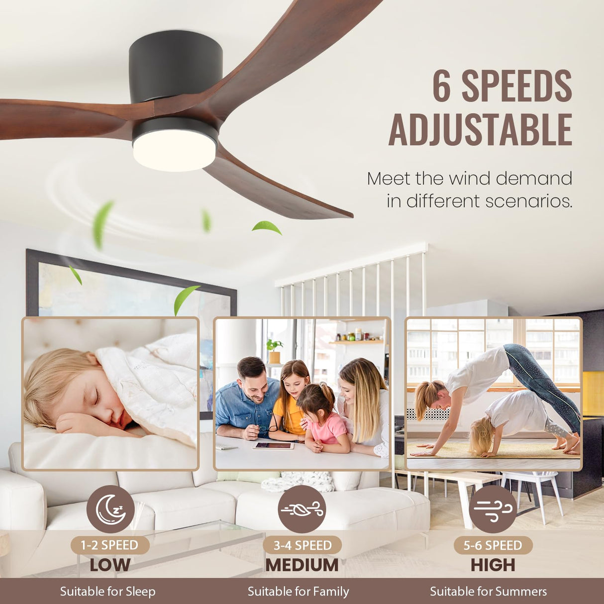 GESUM 52" Ceiling Fan With Lights Remote Control, Low Profile Ceiling Fan with 3 Walnut Wood Blades, Reversible,Dimmable, Flush Mount Ceiling Fans for Living Room Kitchen Bedroom(Black+Walnut) GESUM