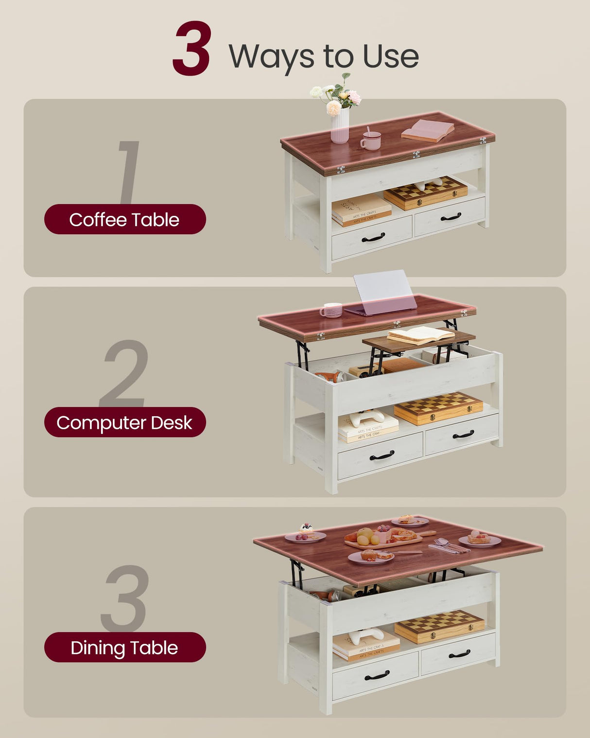 VASAGLE Coffee Table Lift Top, 3 in 1 Center Table with Storage, Gas Spring, 2 Drawers and 3 Hidden Compartments, Open Shelf, for Living Room, Home Office, Honey Brown and Rustic White ULCT254W01 VASAGLE